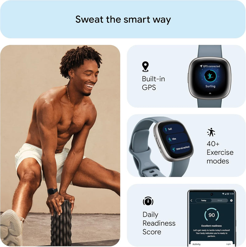Fitbit Versa 4 Fitness Smartwatch – GPS, Daily Readiness, Sleep & Heart Rate Tracking – Waterfall Blue/Platinum (One Size: S & L Bands Included)