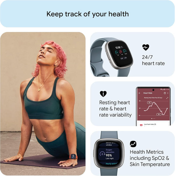 Fitbit Versa 4 Fitness Smartwatch – GPS, Daily Readiness, Sleep & Heart Rate Tracking – Waterfall Blue/Platinum (One Size: S & L Bands Included)