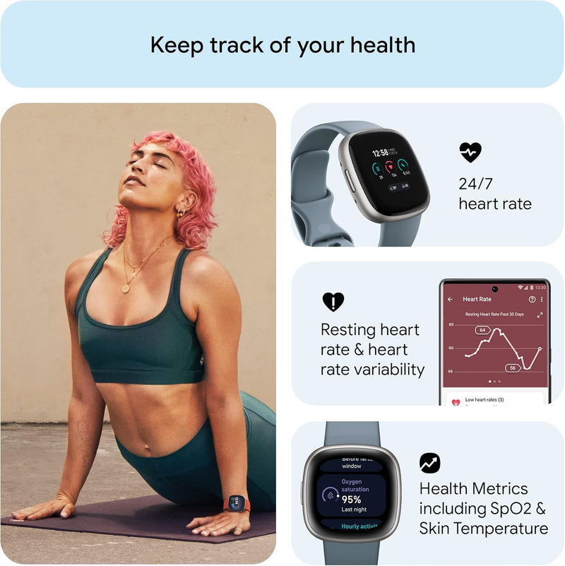 Fitbit Versa 4 Fitness Smartwatch – GPS, Daily Readiness, Sleep & Heart Rate Tracking – Waterfall Blue/Platinum (One Size: S & L Bands Included)